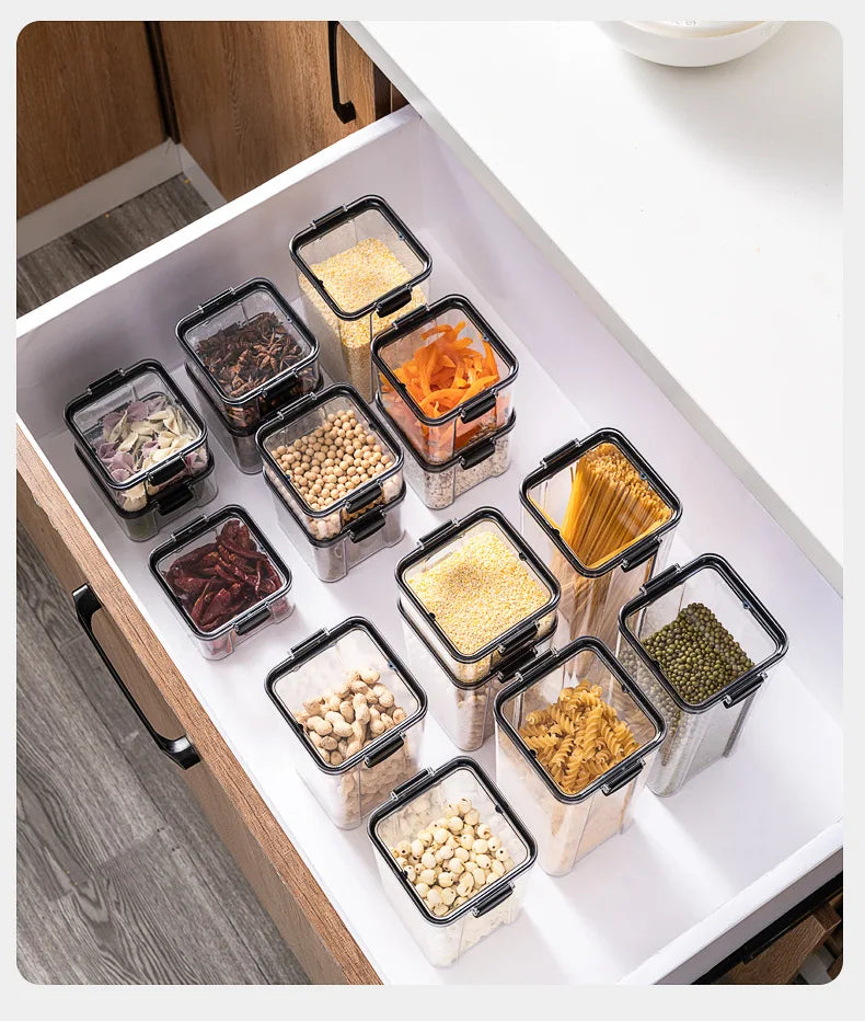 Sealed Plastic Storage Jars Set, Moisture-Proof Grain & Seasoning Organizer for Kitchen