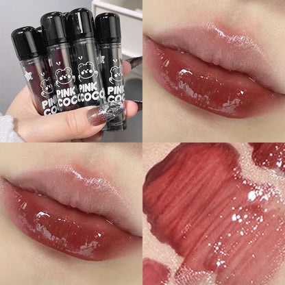 Dark Black Mirror Water Lip Gloss - Moisturizing, Long-Lasting Non-Stick Cup Lipstick in Tea Brown & Red