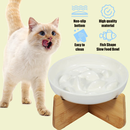 Raised Ceramic Cat Bowl with Wood Stand - Anti-Vomiting Slow Feeder