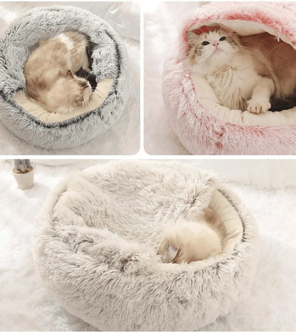 Plush Hooded Pet Bed – 2-in-1 Fluffy Sleeping Nest for Cats & Small Dogs