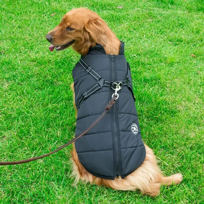 Large Pet Dog Jacket with Harness – Winter Warm Waterproof Coat for Big Dogs & Small Breeds