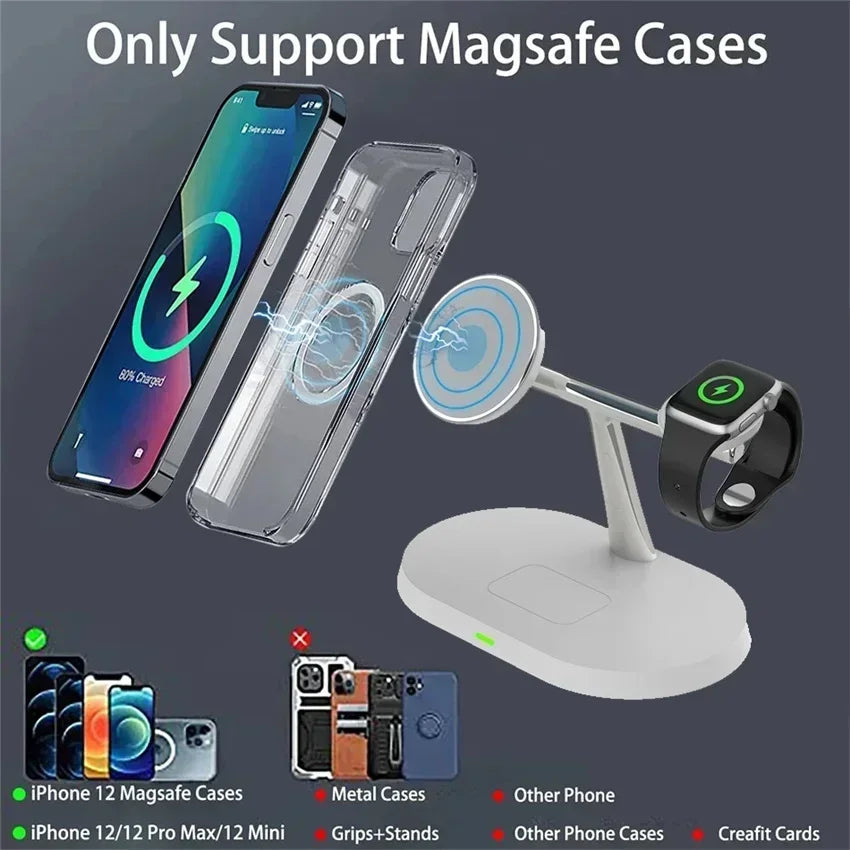 3-in-1 30W Magnetic Wireless Charger Stand - Fast Charging Station for MagSafe iPhone 12-16, AirPods Pro, and Apple Watch 8/7