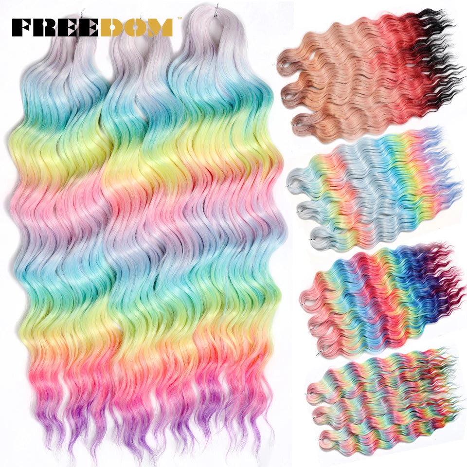 FREEDOM Synthetic Braiding Hair Extensions 24inch Loose Deep Wavy Ombre Brown Rainbow Twist