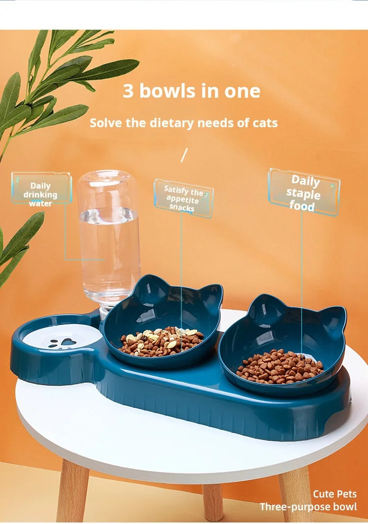 3-in-1 Tilted Pet Bowl Set with Water Feeder & Gravity Bottle for Neck Protection