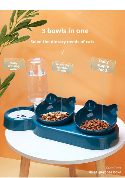 3-in-1 Tilted Pet Bowl Set with Water Feeder & Gravity Bottle for Neck Protection