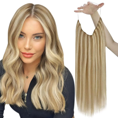 VeSunny Fish Line Human Hair Extension - Invisible Wire One-Piece Blonde Hair Weft with Clips