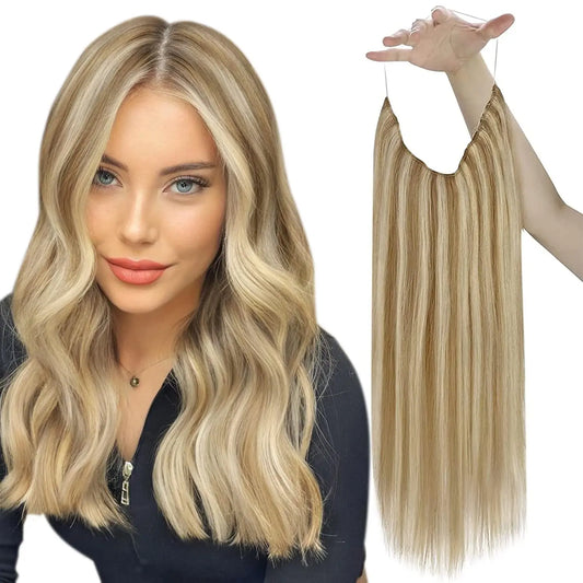 VeSunny Fish Line Human Hair Extension - Invisible Wire One-Piece Blonde Hair Weft with Clips