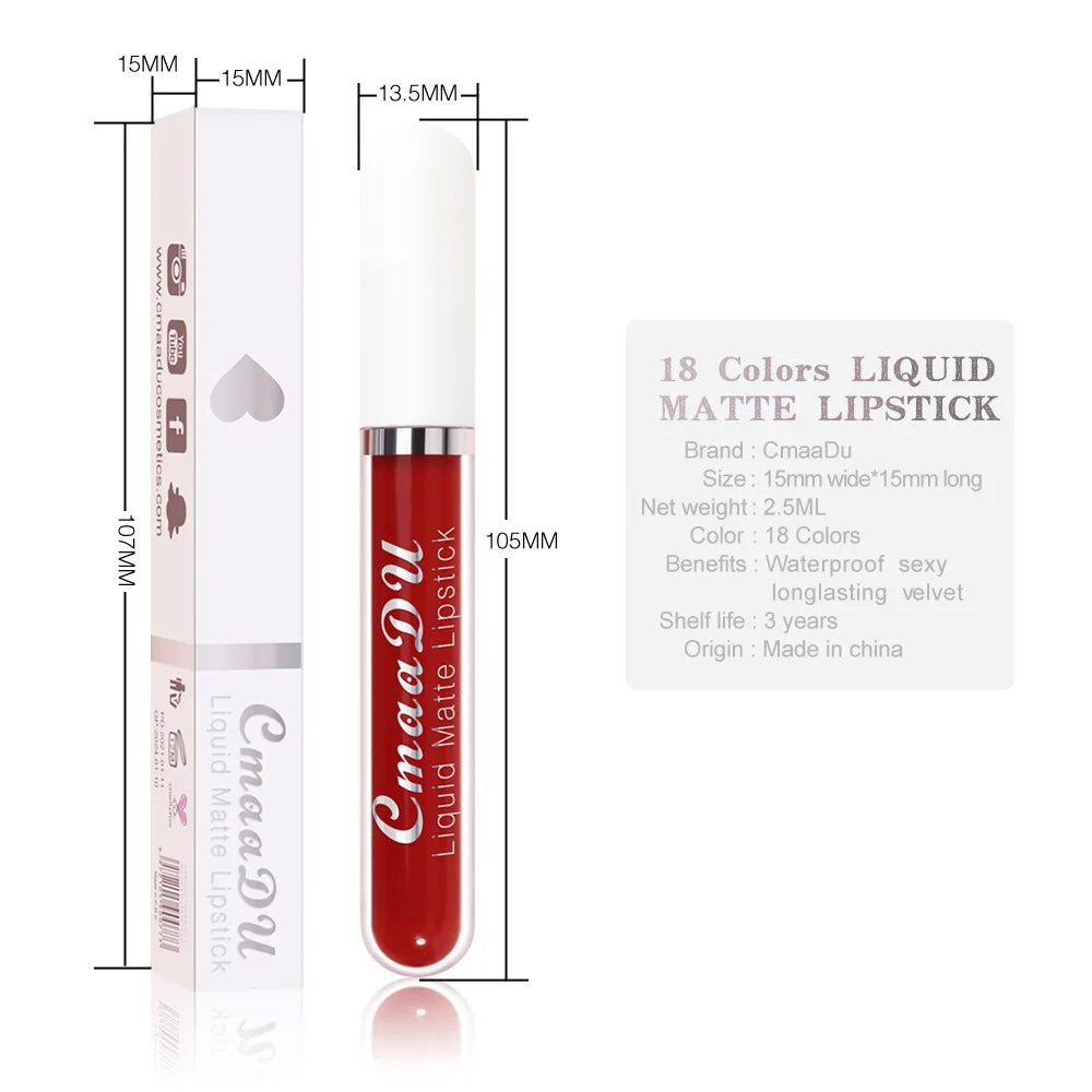 18-Color Long-Lasting Velvet Matte Liquid Lipstick Waterproof Non-Stick Cup