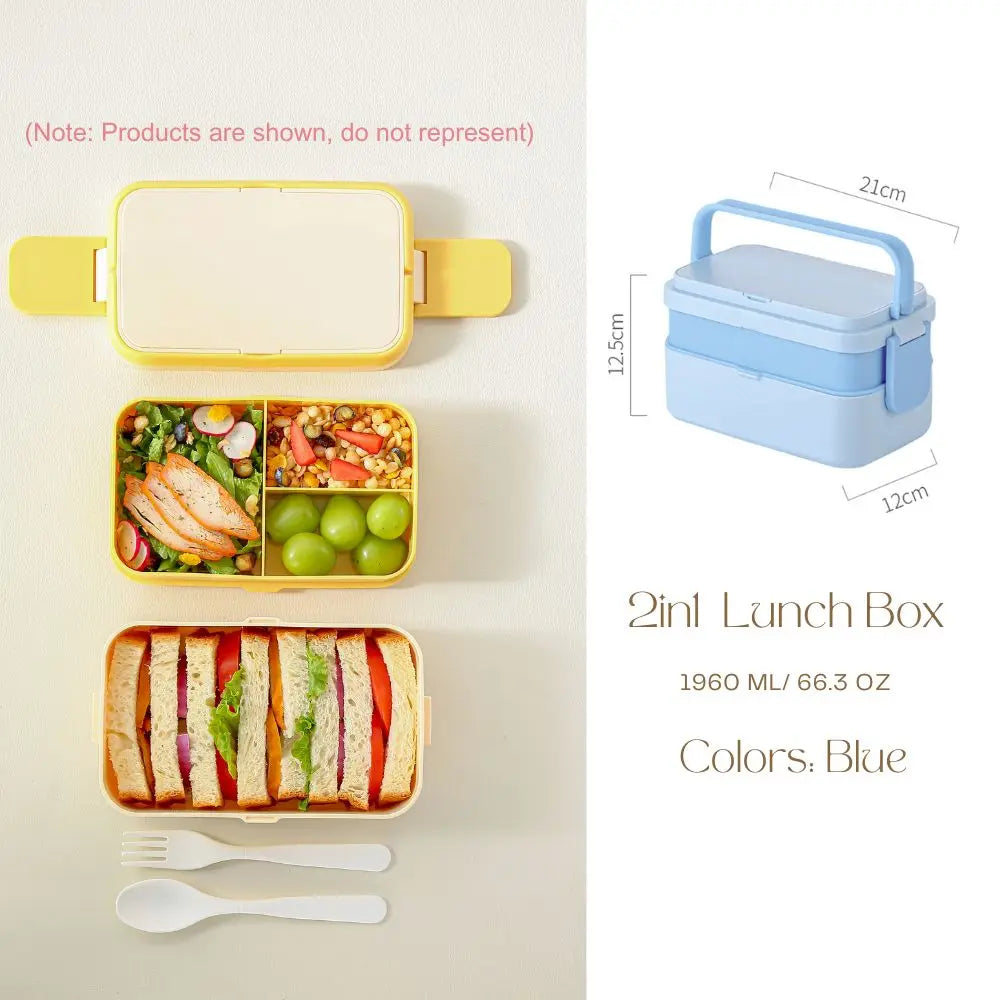 2-Layer Bento Box with Handle, Large Capacity Leak-Proof Lunch Box for Kids, Microwave Safe