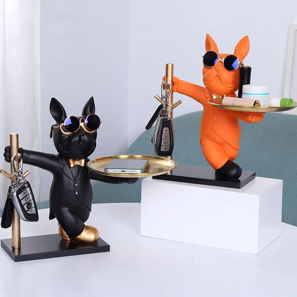 Bulldog Resin Sculpture with Tray - Cool Dog Ornament & Coin Piggy Bank for Table Decoration