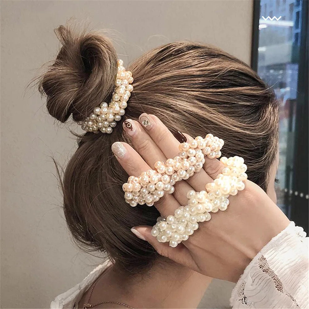 Crystal Pearls Hair Rope Handmade Elastic Beaded Ponytail Holder for Women & Girls Hair Accessories