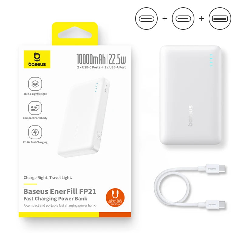 Baseus 22.5W Power Bank 10000mAh, QC PD Fast Charging Portable Charger for iPhone 16/15, Samsung, Xiaomi