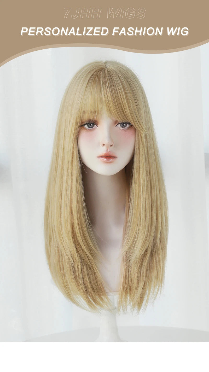 Straight Layered Blonde Wig with Neat Bangs - High Density Synthetic Hair for Women