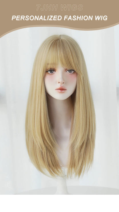 Straight Layered Blonde Wig with Neat Bangs - High Density Synthetic Hair for Women