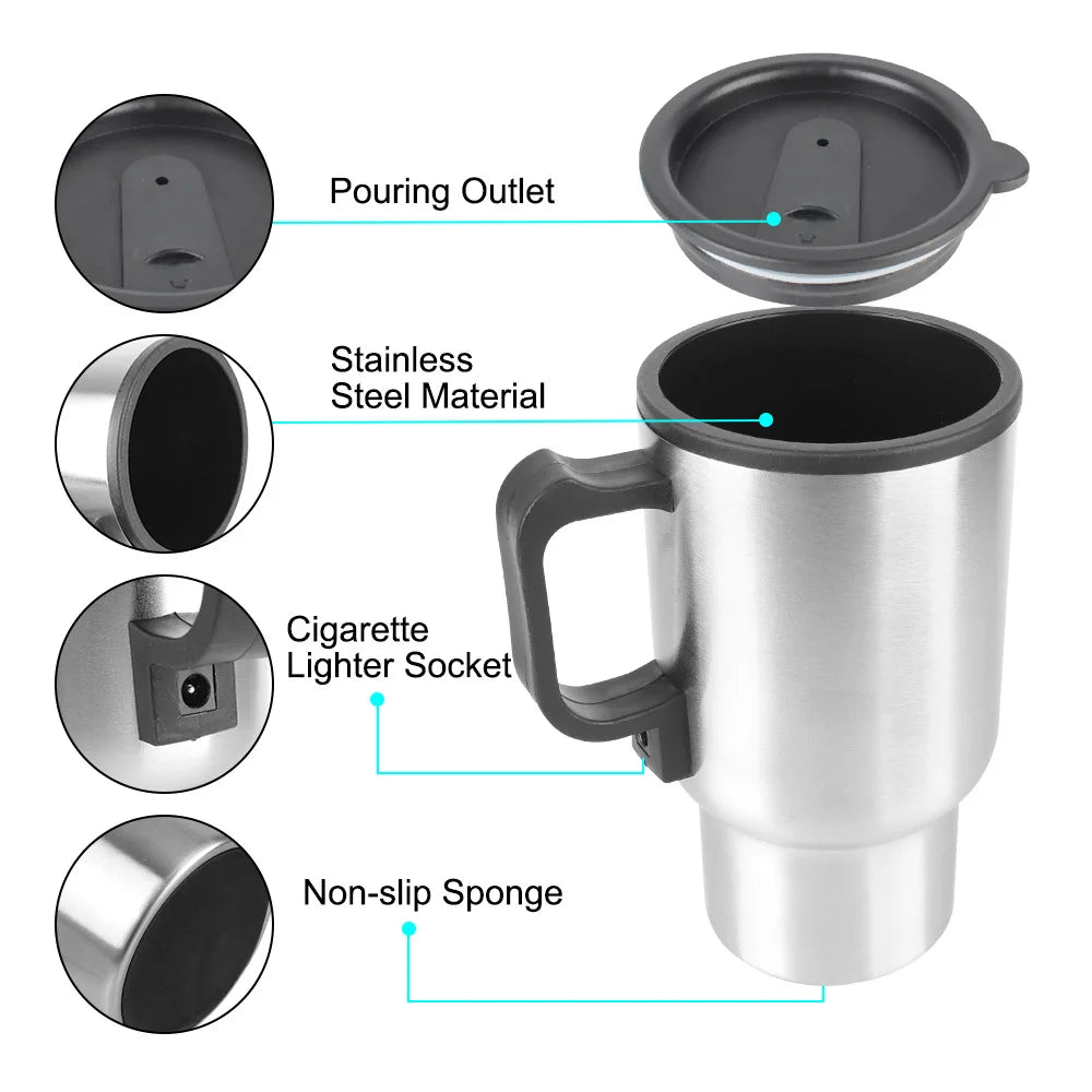 12V 450ml Electric Heating Car Kettle, Stainless Steel Thermal Mug for Travel & Camping