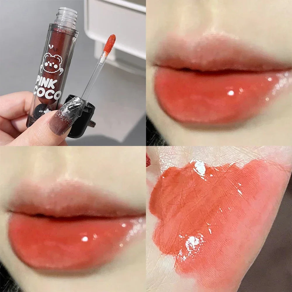 Dark Black Mirror Water Lip Gloss - Moisturizing, Long-Lasting Non-Stick Cup Lipstick in Tea Brown & Red