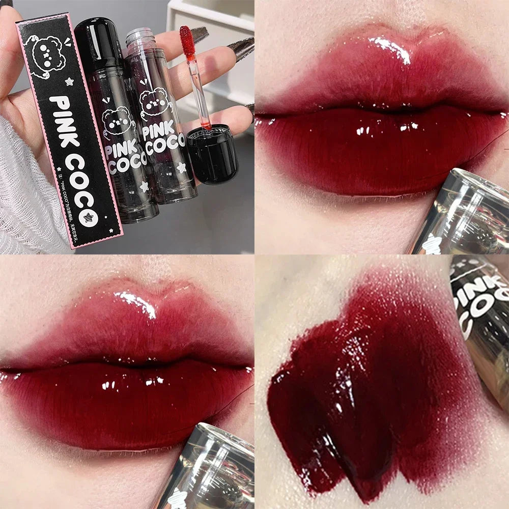 Dark Black Mirror Water Lip Gloss - Moisturizing, Long-Lasting Non-Stick Cup Lipstick in Tea Brown & Red