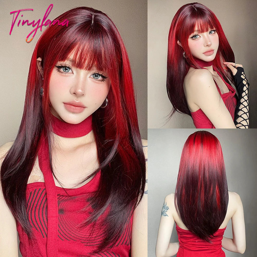 Heat-Resistant Brown Ombre Synthetic Wig with Bangs & Layers for Women