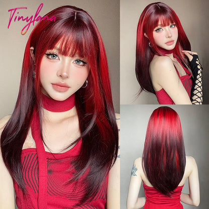 Heat-Resistant Brown Ombre Synthetic Wig with Bangs & Layers for Women
