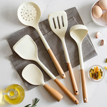 Silicone Spatula with Wooden Handle, Heat-Resistant Non-Stick Cooking Spoon for Kitchen