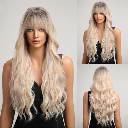 Brown Wavy Wig with Bangs for Women Heat-Resistant Synthetic Hair Cosplay