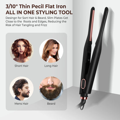 Small Flat Iron for Short Hair & Beard Temperature Adjustable Pencil Straightener 3/10 Inch Fast Heat Up