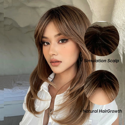 Heat-Resistant Brown Ombre Synthetic Wig with Bangs & Layers for Women