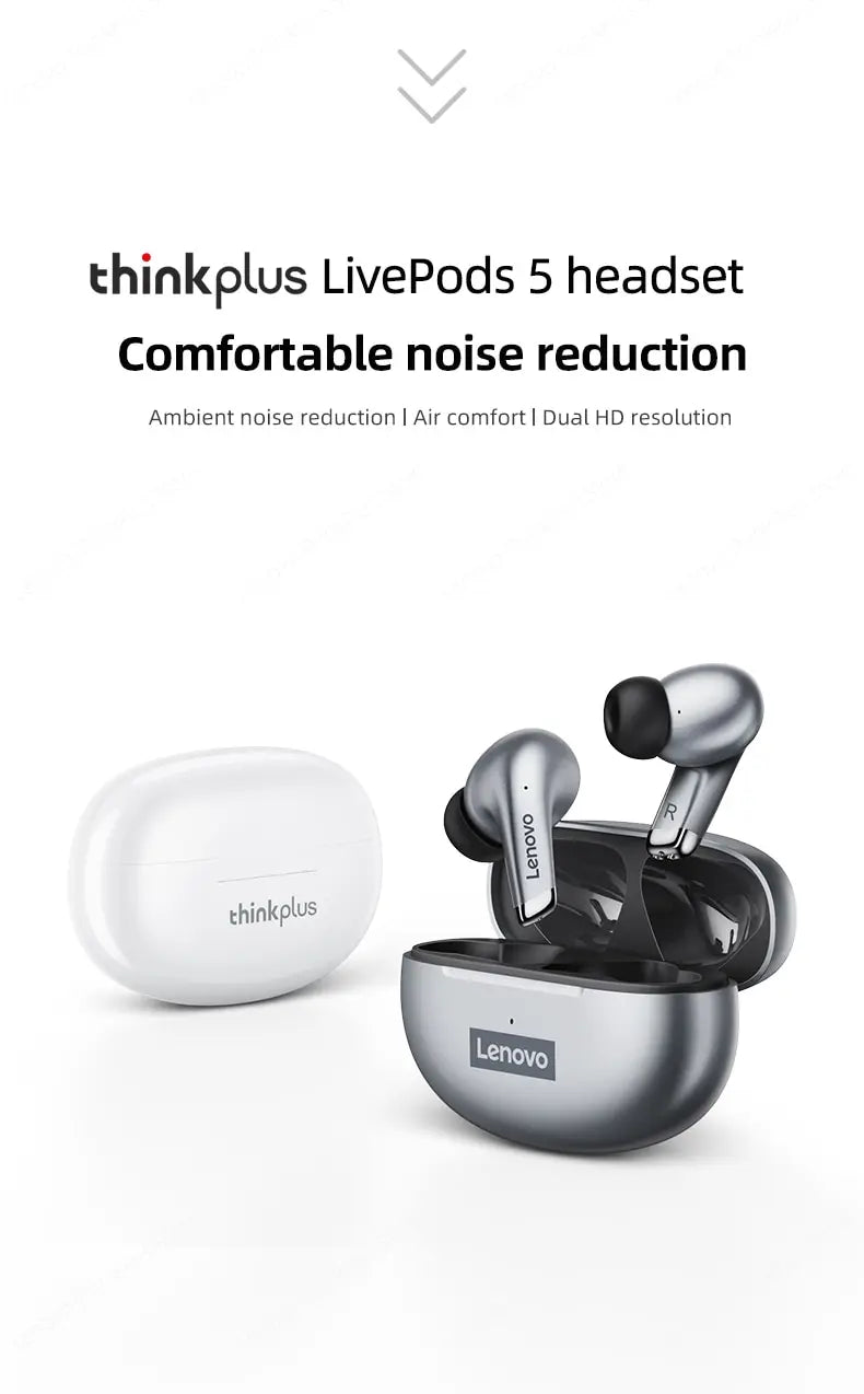 Lenovo LP5 Wireless Bluetooth Earbuds - HiFi Music, Sports Waterproof Headset with Mic for Business & Everyday Use