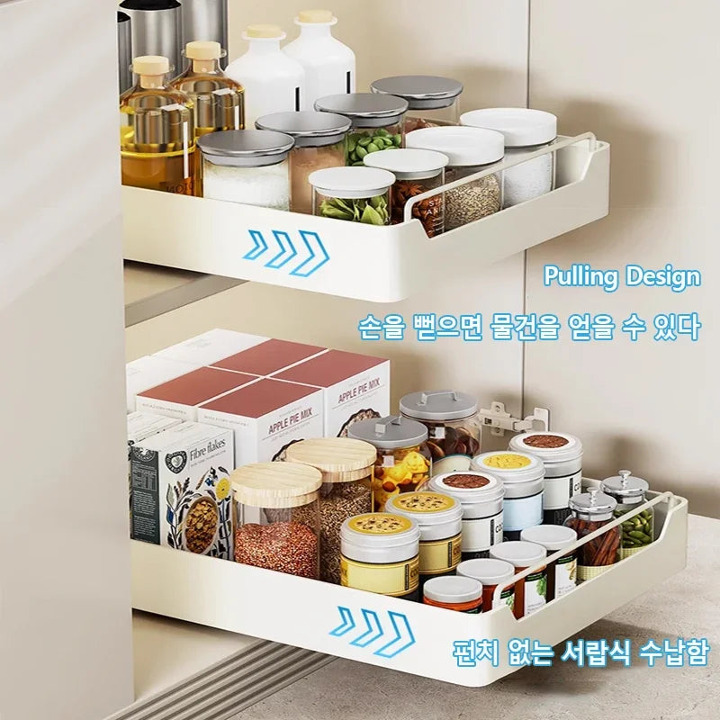 Pull Out Kitchen Storage Shelf with Slide Rails and Spice Organizer Rack
