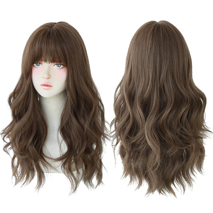 7JHH Popular Brown Ash Long Deep Wave Wig with Bangs for Women