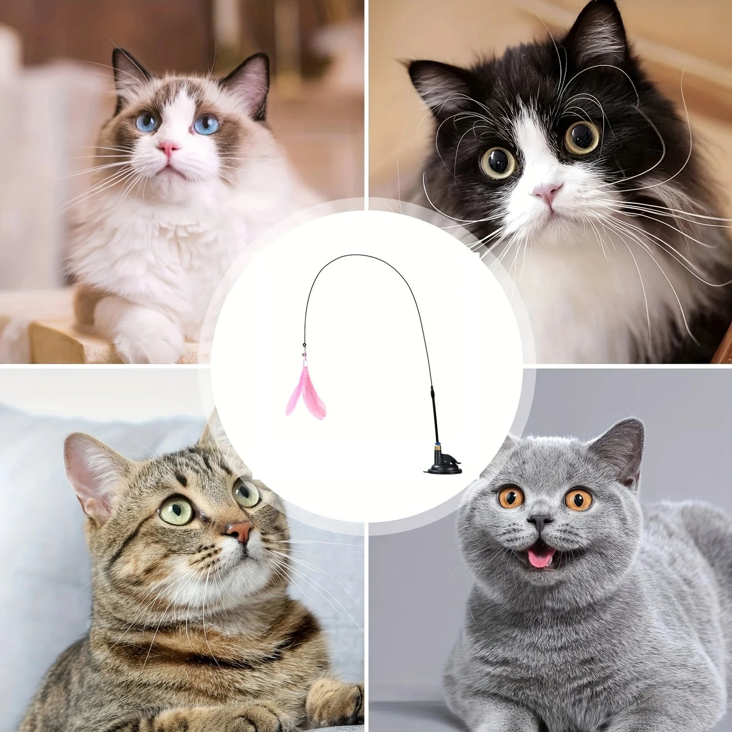 Cat Teaser Toy Interactive Bell & Feather Wand with Long Suction Cup Pole for Playtime Adventures