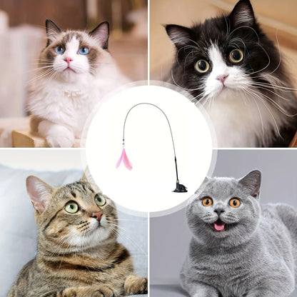 Cat Teaser Toy Interactive Bell & Feather Wand with Long Suction Cup Pole for Playtime Adventures
