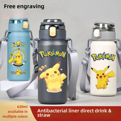 620ML Pikachu Stainless Steel Thermos Bottle – Anime Vacuum Flask with Rope and Large Capacity