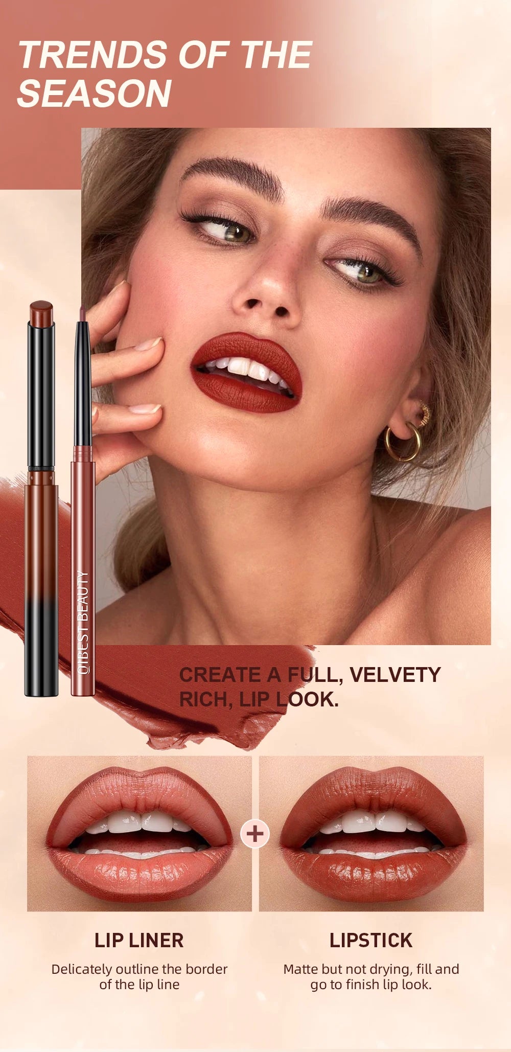 QIBEST 2PC Matte Velvet Lipstick & Lipliner Set - Long Lasting Red Lip Contour Pencil