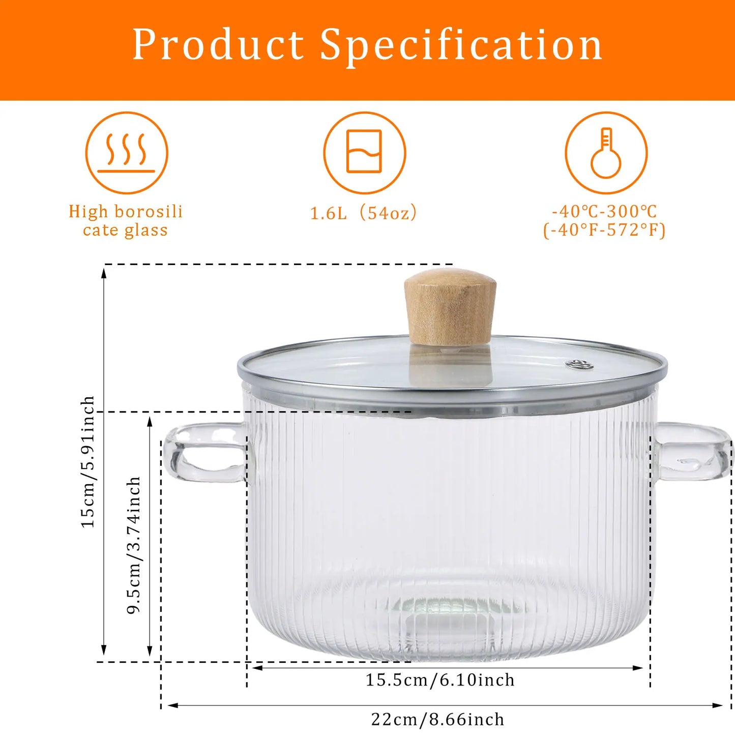 1.6L Glass Saucepan with Lid and Dual Handles, Heat Resistant Soup Pot