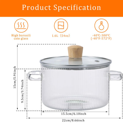 1.6L Glass Saucepan with Lid and Dual Handles, Heat Resistant Soup Pot