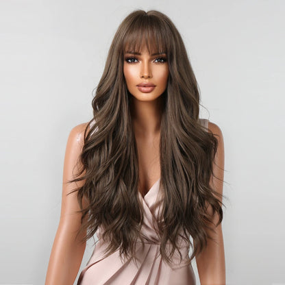 Brown Wavy Wig with Bangs for Women Heat-Resistant Synthetic Hair Cosplay