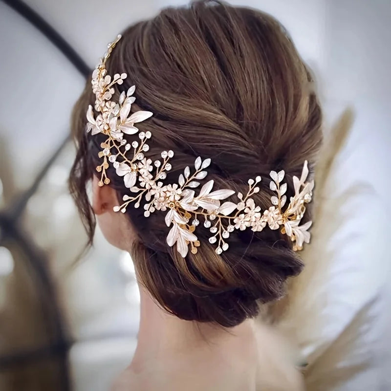Bridal Hair Accessories - Crystal Pearl Rhinestone Tiara Headband with Leaf Design for Women