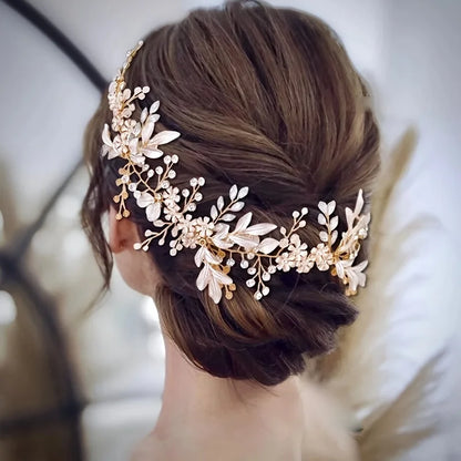 Bridal Hair Accessories - Crystal Pearl Rhinestone Tiara Headband with Leaf Design for Women