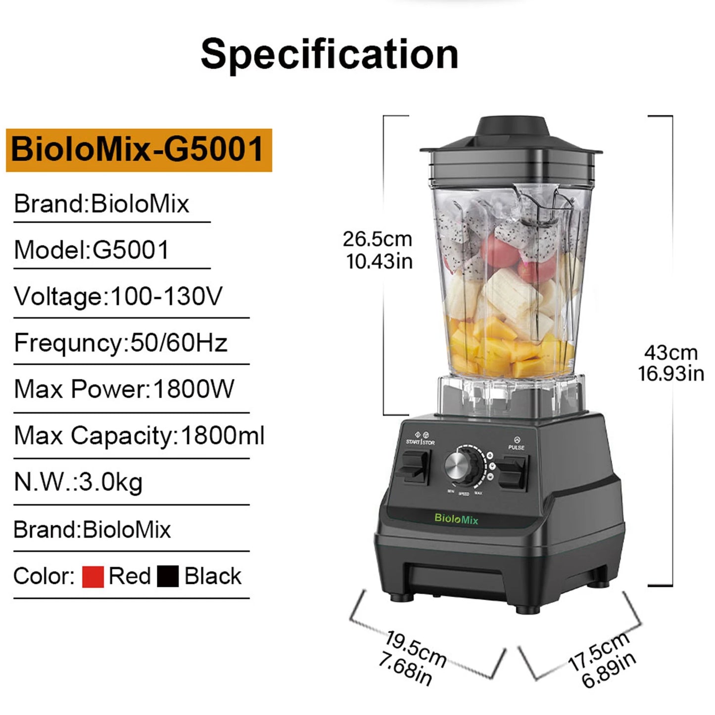 BioloMix Mini Pro 1800W Smoothie Blender with 1.8L & 0.6L Jars, BPA Free