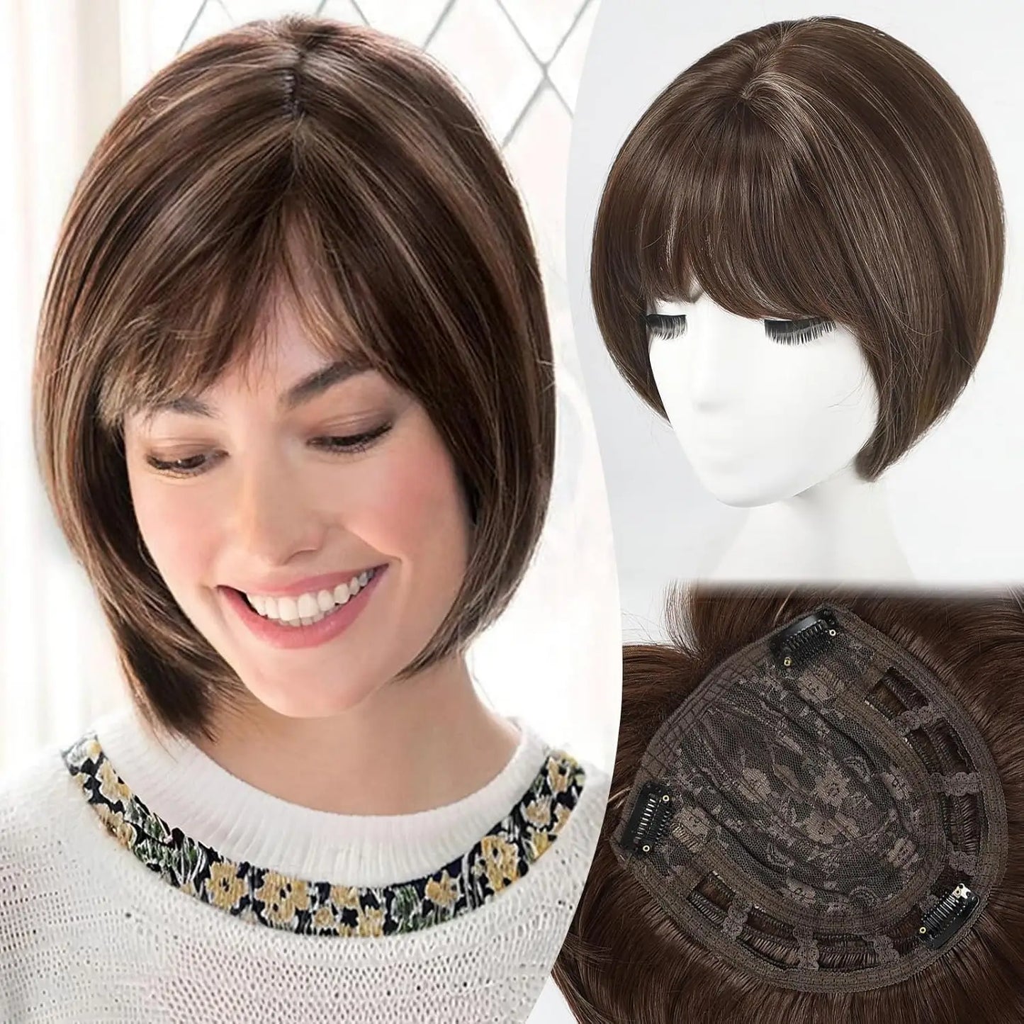 10" Synthetic Bob Hair Topper for Women with Large 7" × 7" Base for Thinning Hair