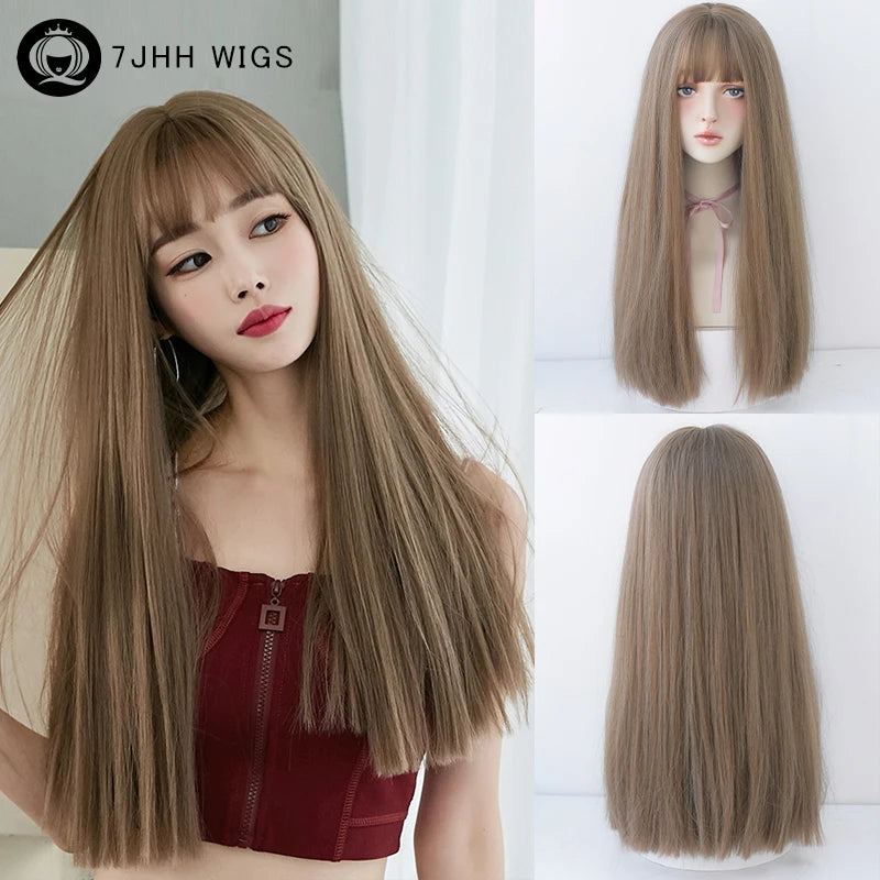 Straight Layered Blonde Wig with Neat Bangs - High Density Synthetic Hair for Women