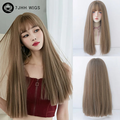 Straight Layered Blonde Wig with Neat Bangs - High Density Synthetic Hair for Women