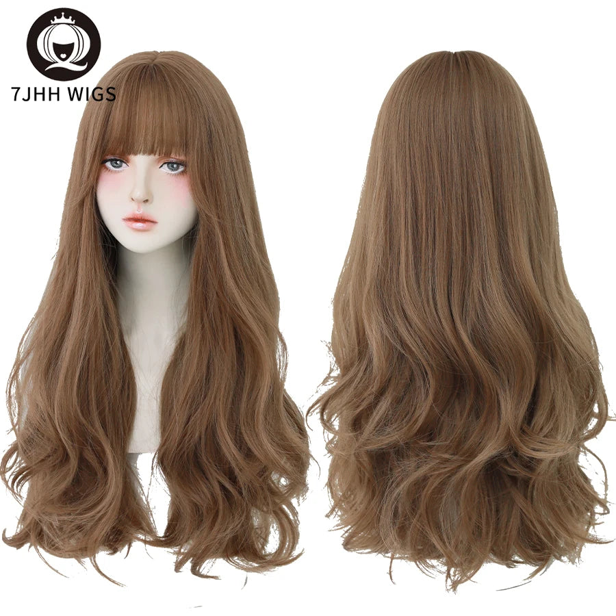 7JHH Popular Brown Ash Long Deep Wave Wig with Bangs for Women