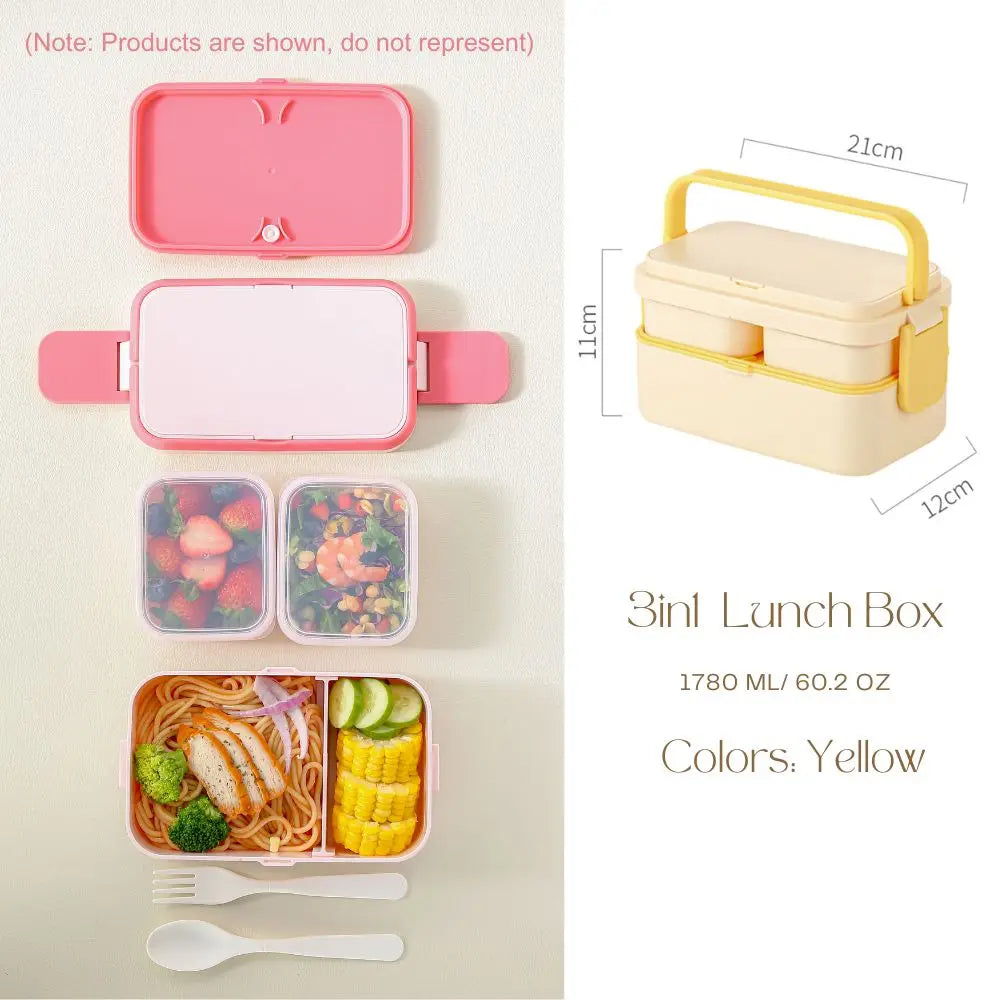 2-Layer Bento Box with Handle, Large Capacity Leak-Proof Lunch Box for Kids, Microwave Safe