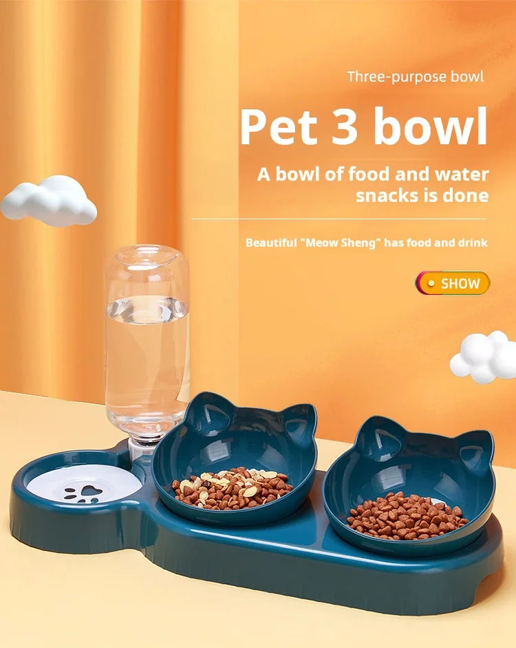 3-in-1 Tilted Pet Bowl Set with Water Feeder & Gravity Bottle for Neck Protection