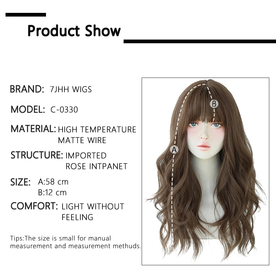 7JHH Popular Brown Ash Long Deep Wave Wig with Bangs for Women