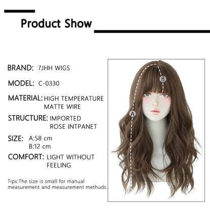 7JHH Popular Brown Ash Long Deep Wave Wig with Bangs for Women