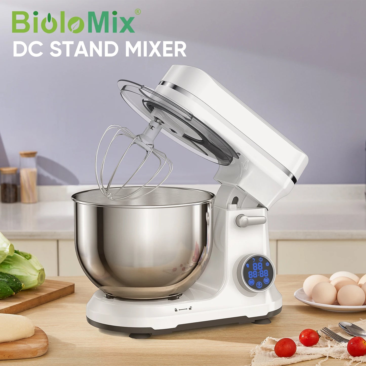 BioloMix 1200W Kitchen Stand Mixer with 11 Speeds, Dough Hook & Whisk, OLED Screen