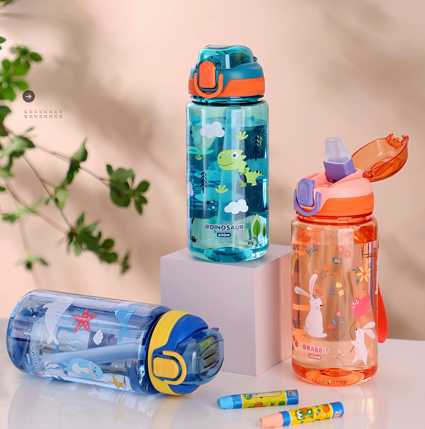 600ml Dinosaur Water Bottle for Kids, Leakproof Sippy Cup with Silicone Straw